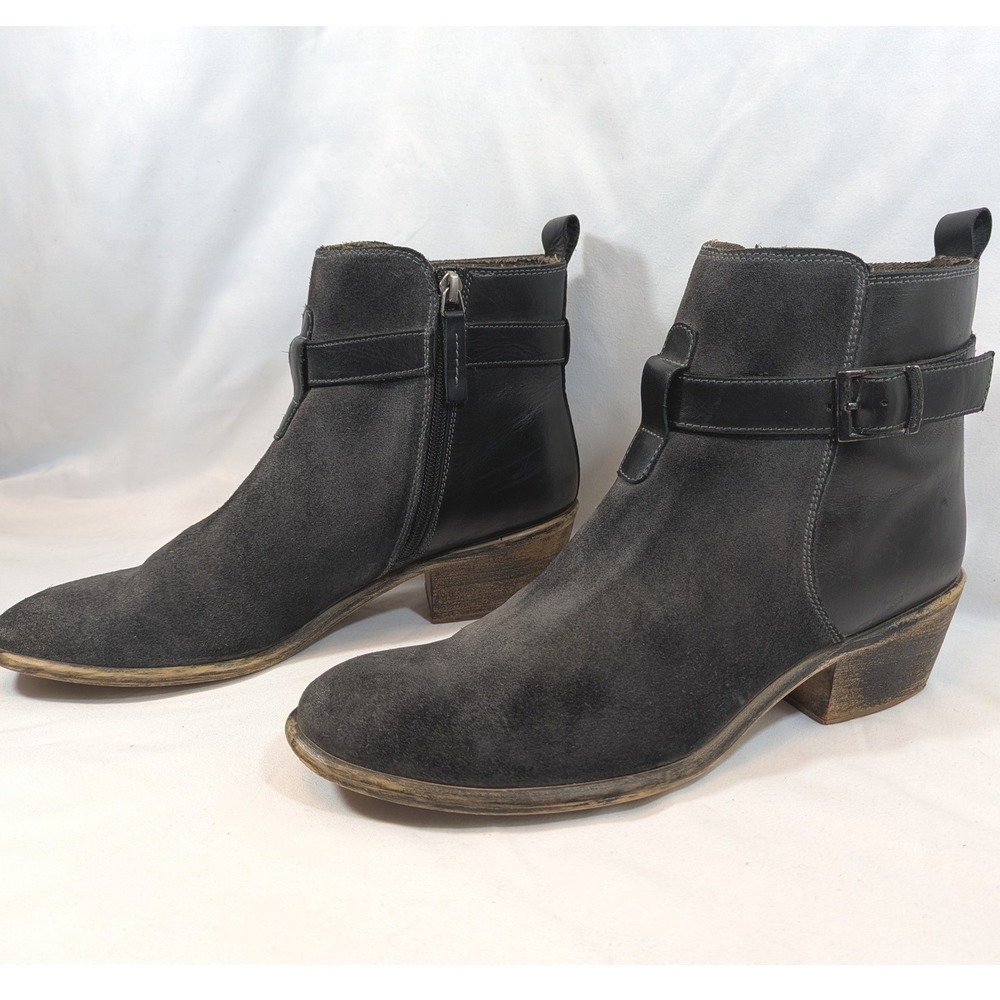 ROAN Black Ankle Boots; Leather Suede Buckle Side Zip Block Heel